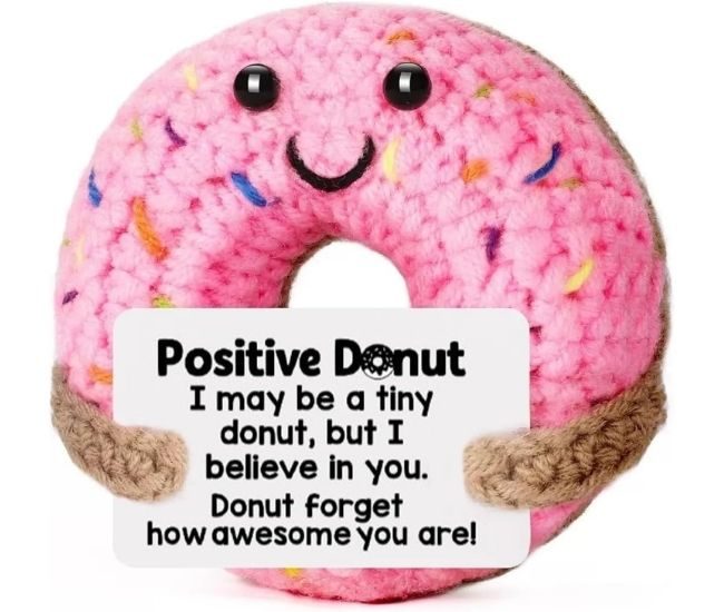 Positive Donut Crochet Gift With Encouraging Message For Desk And Shelf Decor