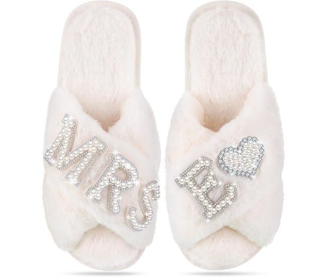 Personalised Bride Fuzzy Cross Slippers For Wedding Morning