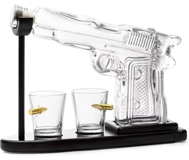 Pistol Gun Decanter Set Bullet Shot Glasses Whiskey Display Stand