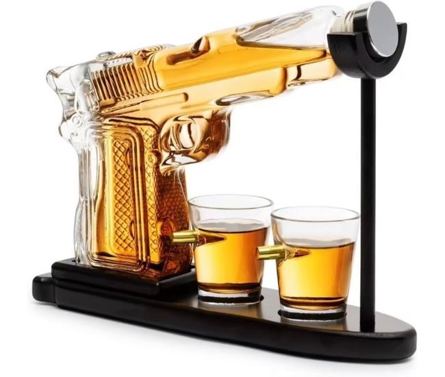 Pistol Gun Decanter Set Bullet Shot Glasses Whiskey Display