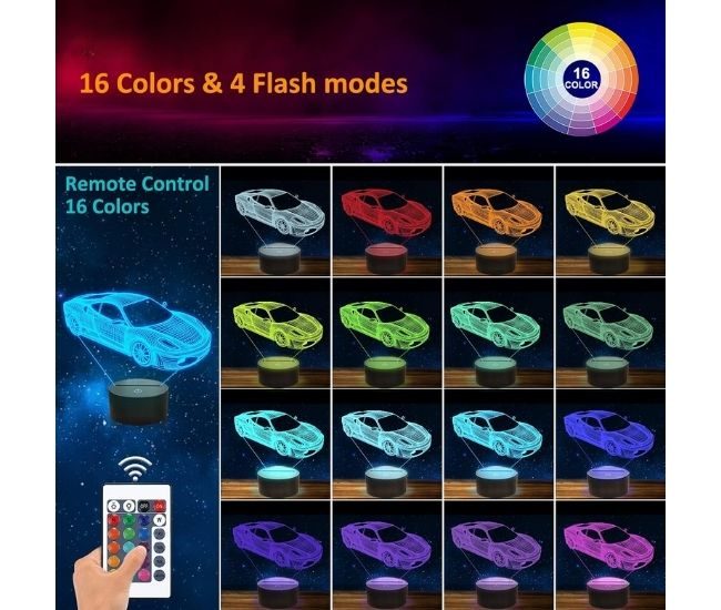 3d Car Night Light Illusion Lamp 16 Various Colours Remote