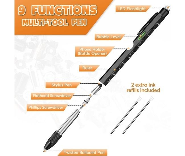9 In 1 Multi Tool Pen Led Light Stylus Ruler Level Screwdriver Bottle Opener