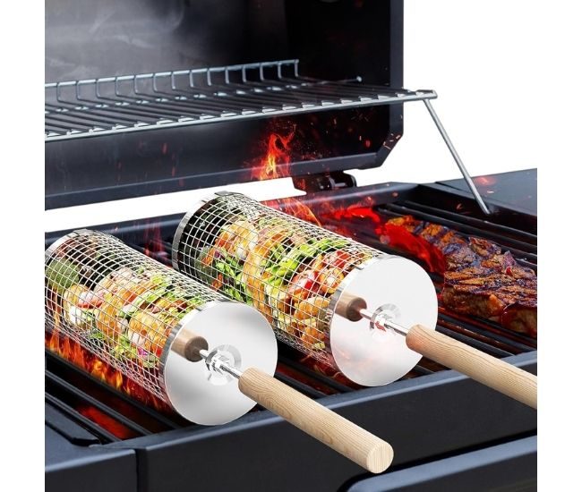 Rolling Bbq Grill Baskets 2 Pack Stainless Steel Vegetable Prawns Net