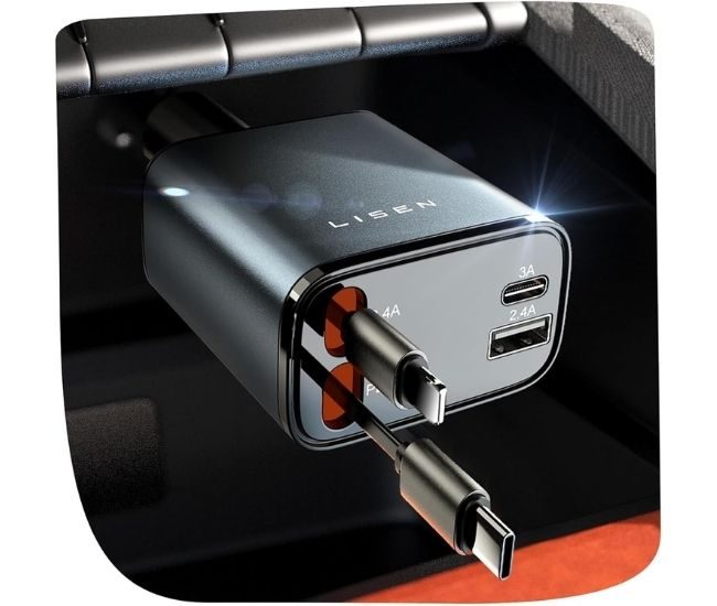 Retractable Usb C Car Charger Fast Charging 69w Cigarette Lighter Adapter Travel Essential