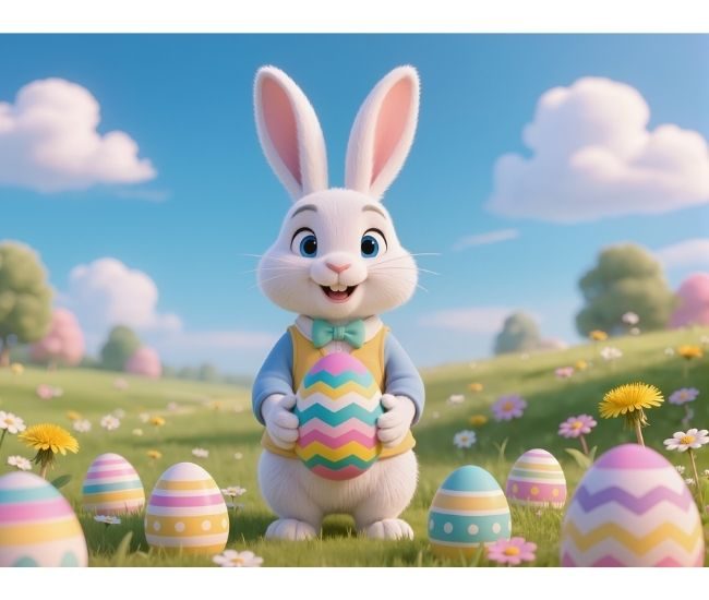 Cartoon Easter Bunny With Colourful Easter Eggs In Field