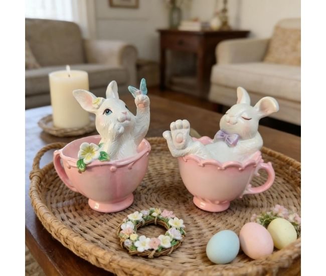 Bunny Teacup Easter Figurines Resin Tabletop Set