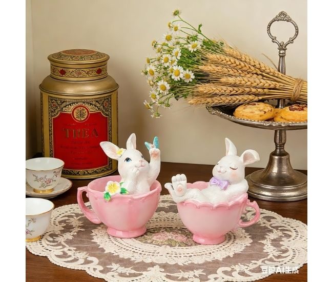 Bunny Teacup Easter Decor Figurines Pink Resin Tabletop Set Decoration
