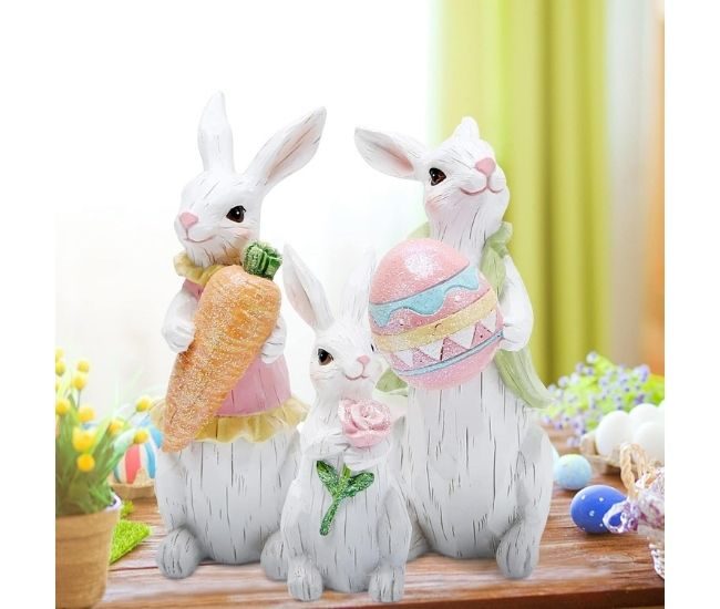 Resin Easter Bunny Family Figurine Spring Home Decor Table