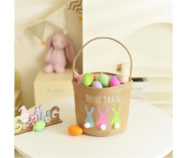 Bunny Trail Easter Basket Jute Egg Hunt Bucket For Kids Full Of Eggs