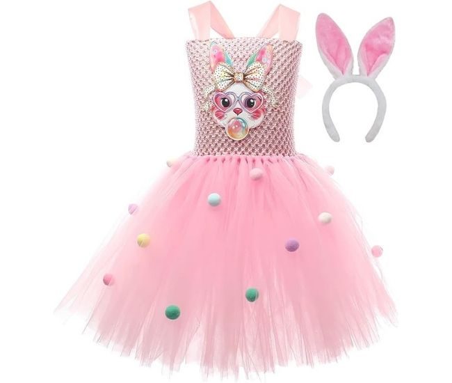 Kids Easter Bunny Tutu Dress Girls Costume Pink With Headband
