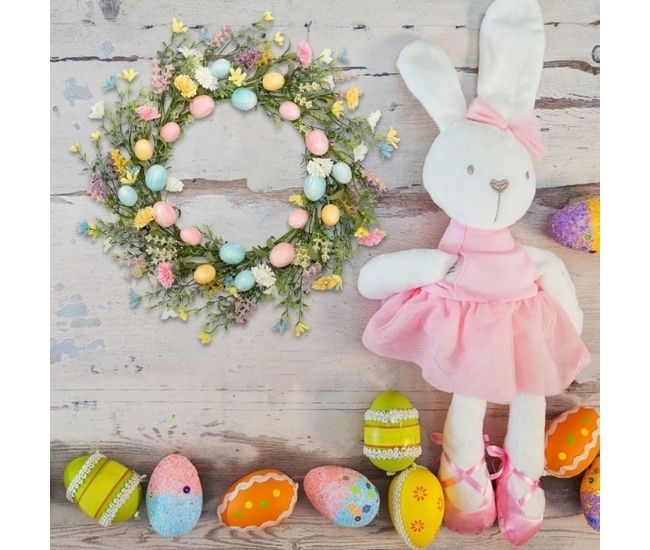 18 Inch Easter Wreath Colorful Eggs Daisy On Wall With Plush Rabbit