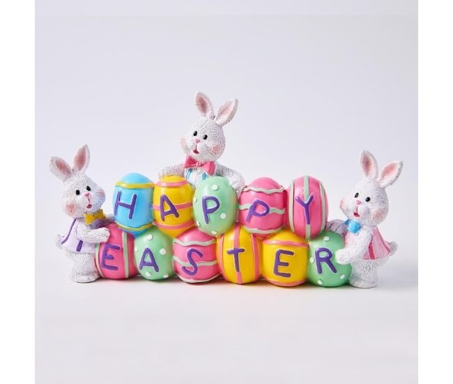 Resin Easter Bunny Figurines Holding Eggs Tabletop Decoration