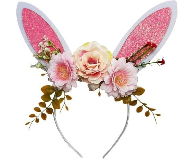 Glitter Bunny Ears Headband With Flowers Easter Accessory