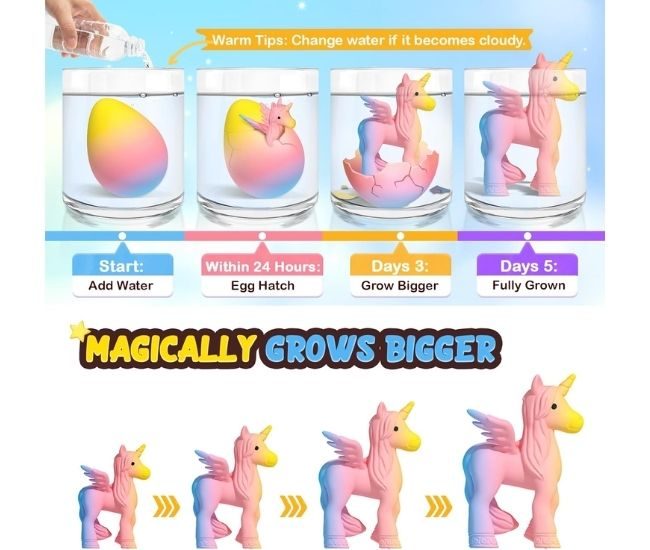 Unicorn Hatching Rainbow Eggs 6 Pack Growing Stages Toy Set For Kids