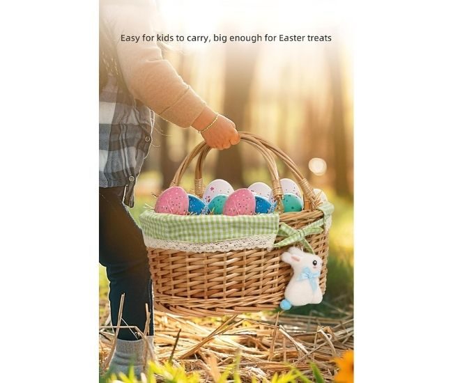 Wicker Easter Basket Set With Eggs Grass Gingham