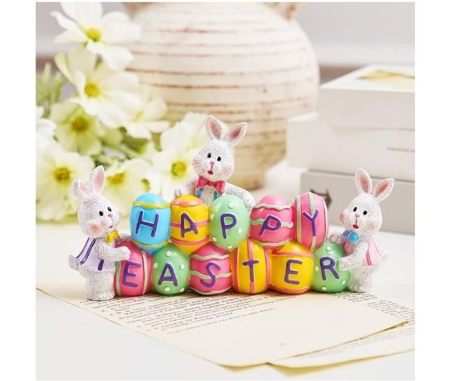 Resin Easter Bunny Figurines Holding Eggs Table Decoration