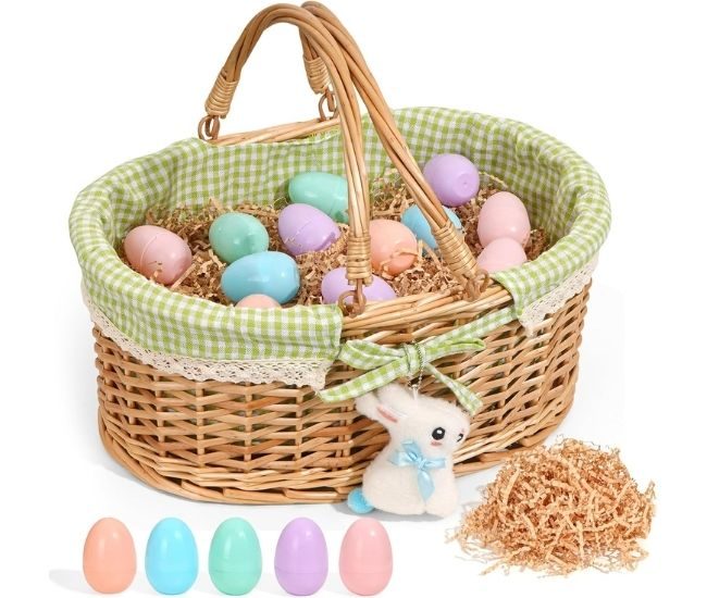Wicker Easter Basket Set With Eggs Grass Gingham Liner