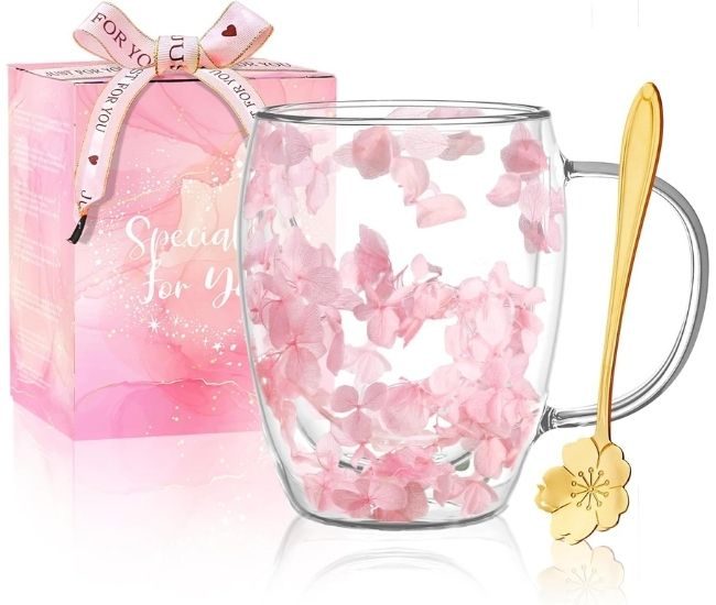 Dried Flower Double Wall Glass Mug With Handle Gift Box And Spoon