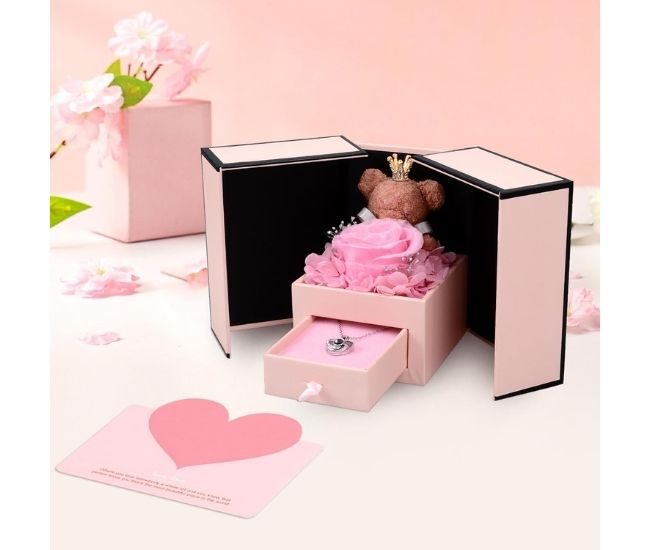 Rose Bear Gift Box Flower Keepsake With Hidden Necklace Drawer