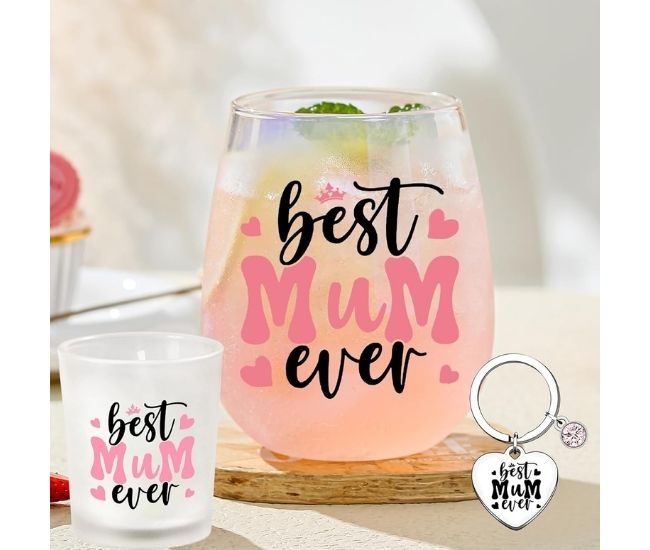 Best Mum Ever Gift Set Wine Glass Candle Keychain Gift