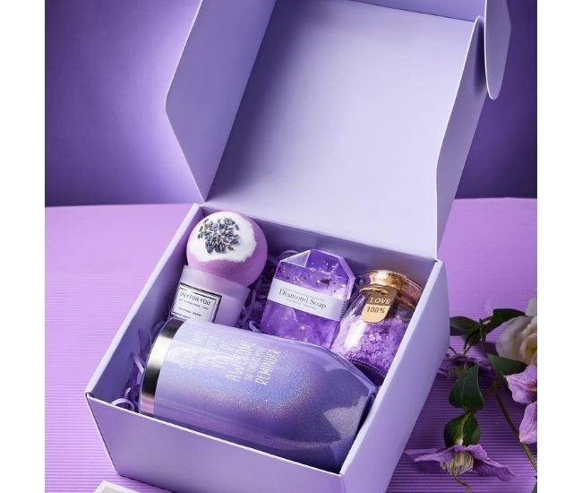 Lavender Spa Gift Box With Tumbler Candle Bath Bomb Soap Salts Purple