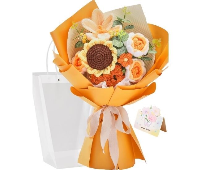 Crochet Flower Bouquet Handmade Knitted Flowers Gift Bag Greeting Card