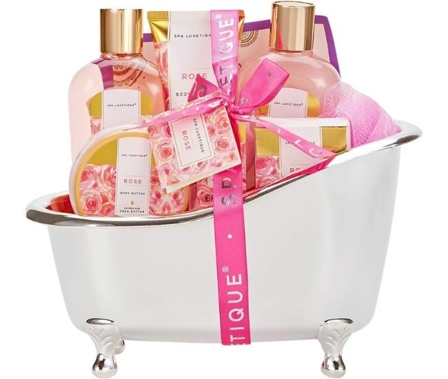 Rose Spa Bath Gift Basket 8 Piece Bath Set Tub Hamper
