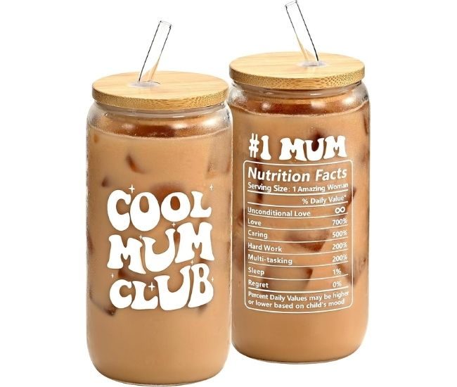 Cool Mum Club 16oz Glass Cup With Bamboo Lid And Straw Mum Gift