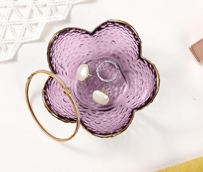 Purple Flower Jewellery Dish Trinket Tray Ring Holder Key Bowl Gift