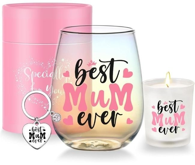 Best Mum Ever Gift Set Wine Glass Candle Keychain Gift Box