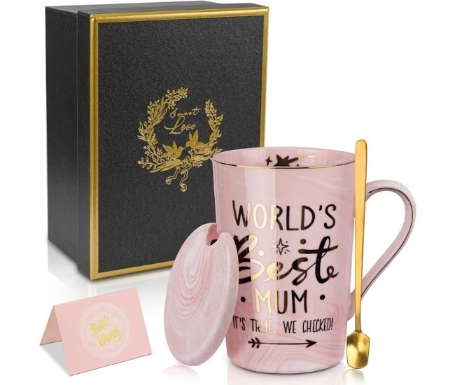 Worlds Best Mum Mug Set Pink Marble Ceramic Cup With Gold Spoon Gift Box Card