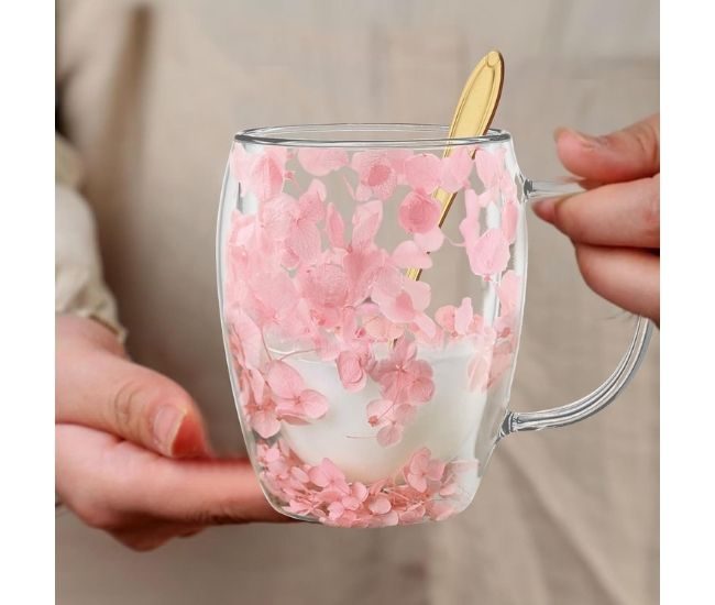 Dried Flower Double Wall Glass Mug With Handle And Spoon