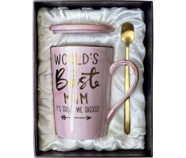 Worlds Best Mum Mug Set Pink Marble Ceramic Cup With Gold Spoon Gift Box