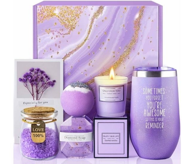 Lavender Spa Gift Box With Tumbler Candle Bath Bomb Soap Salts