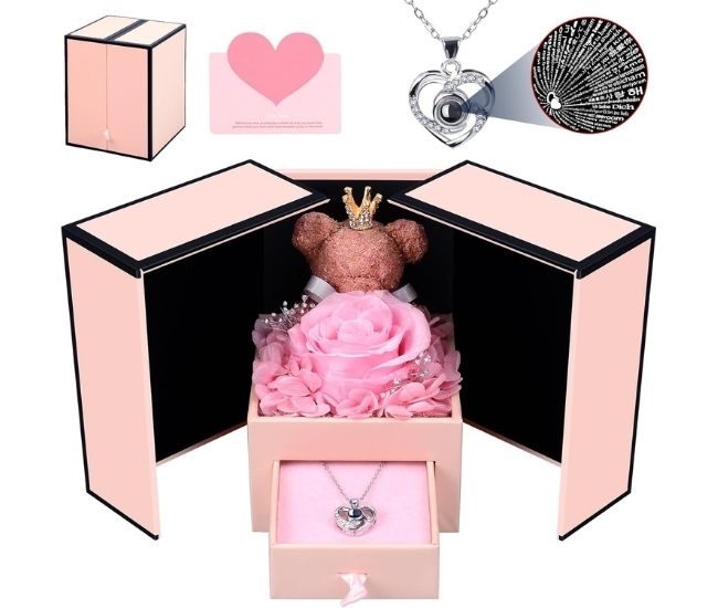 Rose Bear Gift Box Eternal Flower Keepsake With Hidden Necklace Drawer