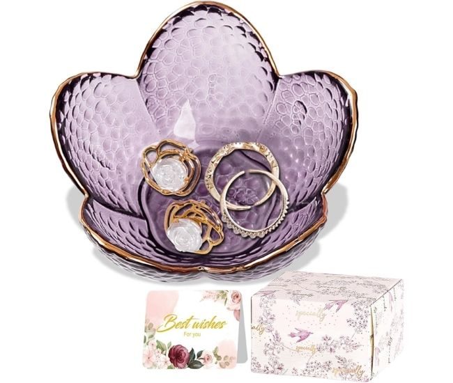 Purple Flower Jewellery Dish Trinket Tray Ring Holder Key Bowl Gift Box