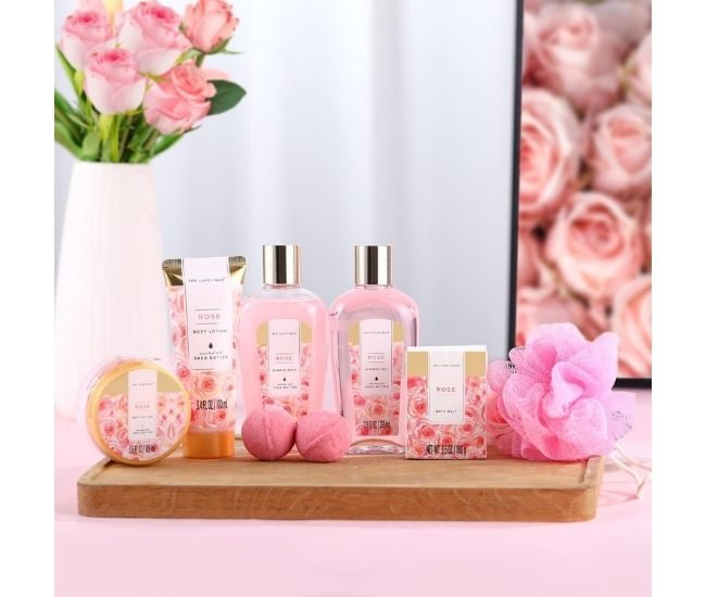 Rose Spa Bath Gift Basket Eight Piece Bath Set Tub Hamper