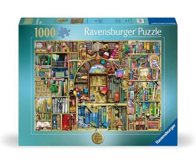 Bizarre Bookshop 2 jigsaw with colourful shelves, unusual books and comic details