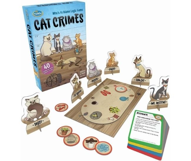 Cat Crimes logic game with cat character pieces and mystery challenge cards