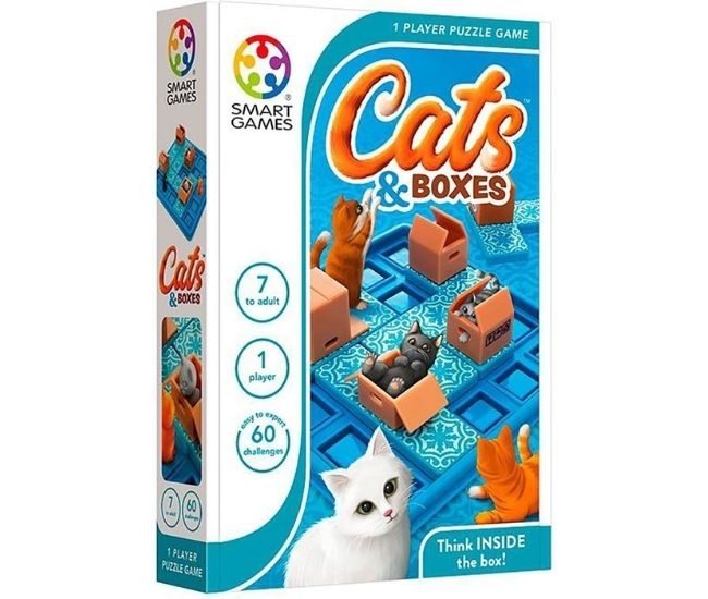 Cats and Boxes logic puzzle with five cats, coloured puzzle pieces and a compact board