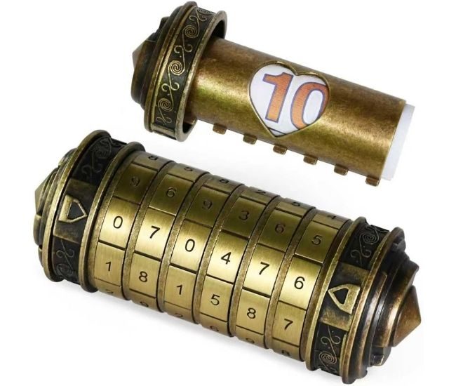 Da Vinci cryptex puzzle box with rotating numerical combination rings
