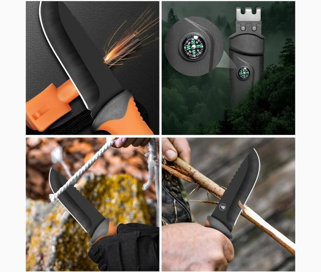 Fixed-blade survival knife with a sheath holding a compass and fire starter