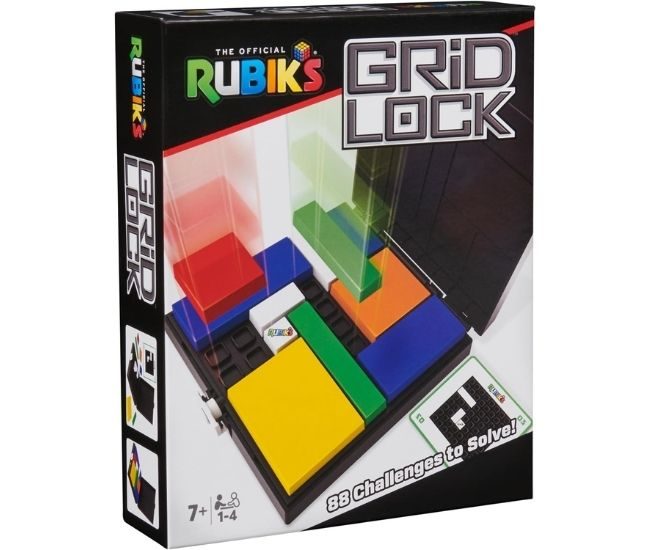 Gridlock puzzle board with coloured geometric blocks and challenge cards