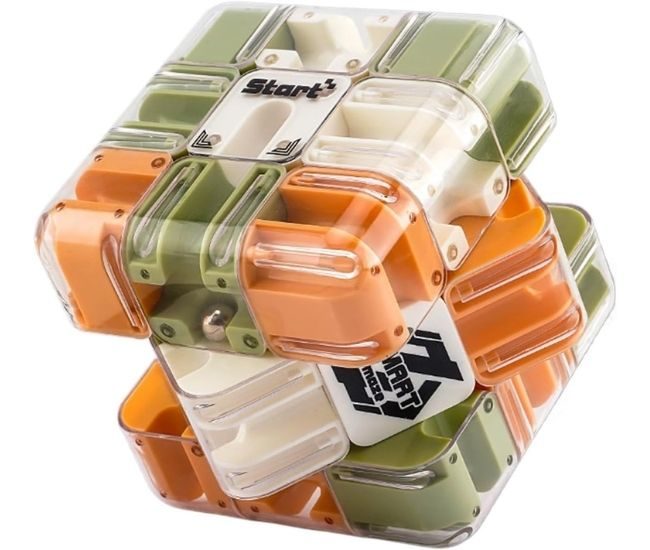 Transparent cube containing a colourful three-dimensional ball maze