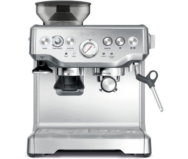 Manual espresso machine with a built-in burr grinder, portafilter and stainless steam wand