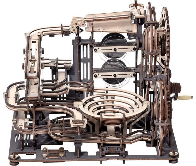 Wooden mechanical marble run city with exposed gears, clear tracks and steel marbles