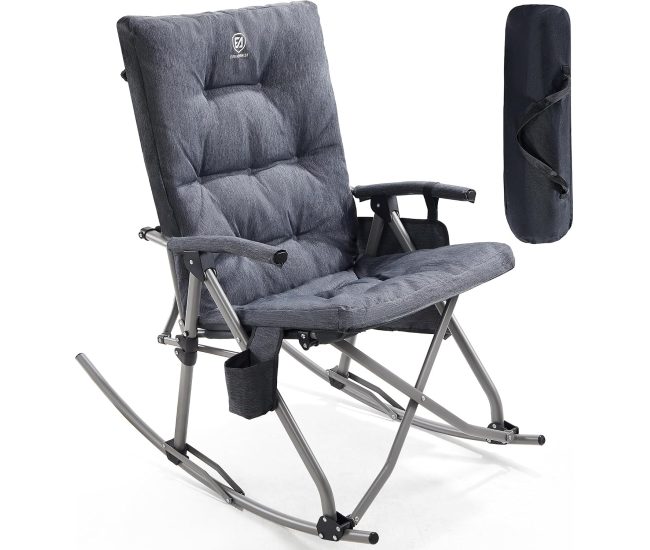 Oversized folding rocking camp chair in grey with a cup holder and side pocket