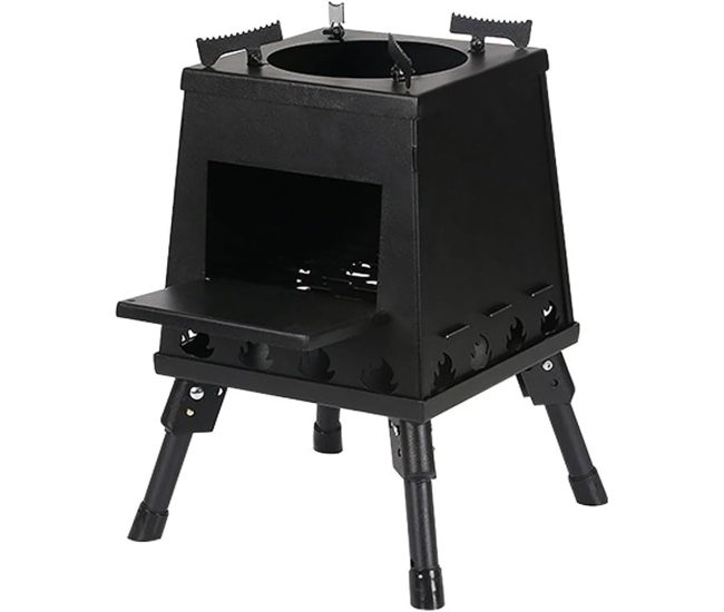 Folding stainless steel wood-burning rocket stove with a pot on top