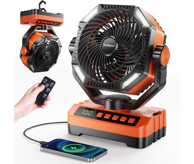 Rechargeable camping fan with an LED light, clip and remote control