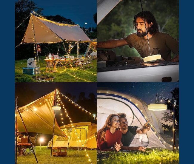 Rechargeable camping string lights strung along an awning at dusk